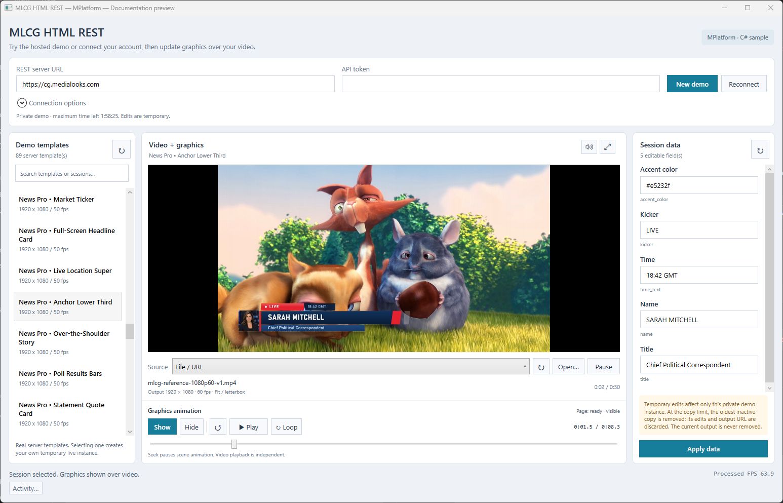 Current MLCG HTML REST MPlatform sample with a real server template, video preview, local mute and fullscreen controls, session data and animation transport