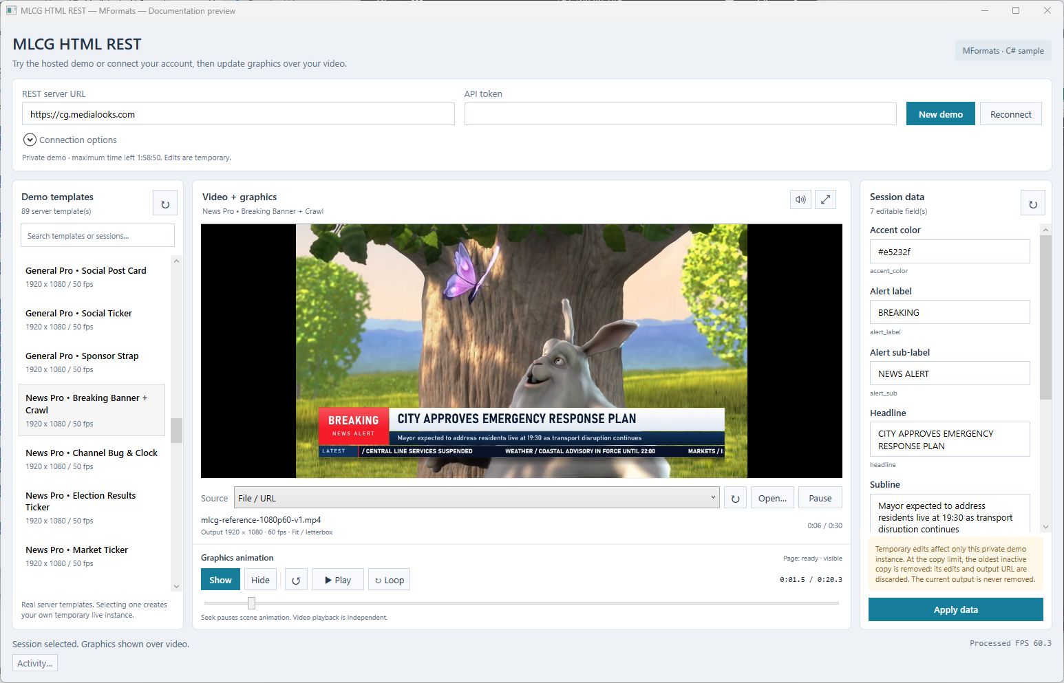 Current MLCG HTML REST MFormats sample with a real server template, local preview controls and REST-controlled graphics