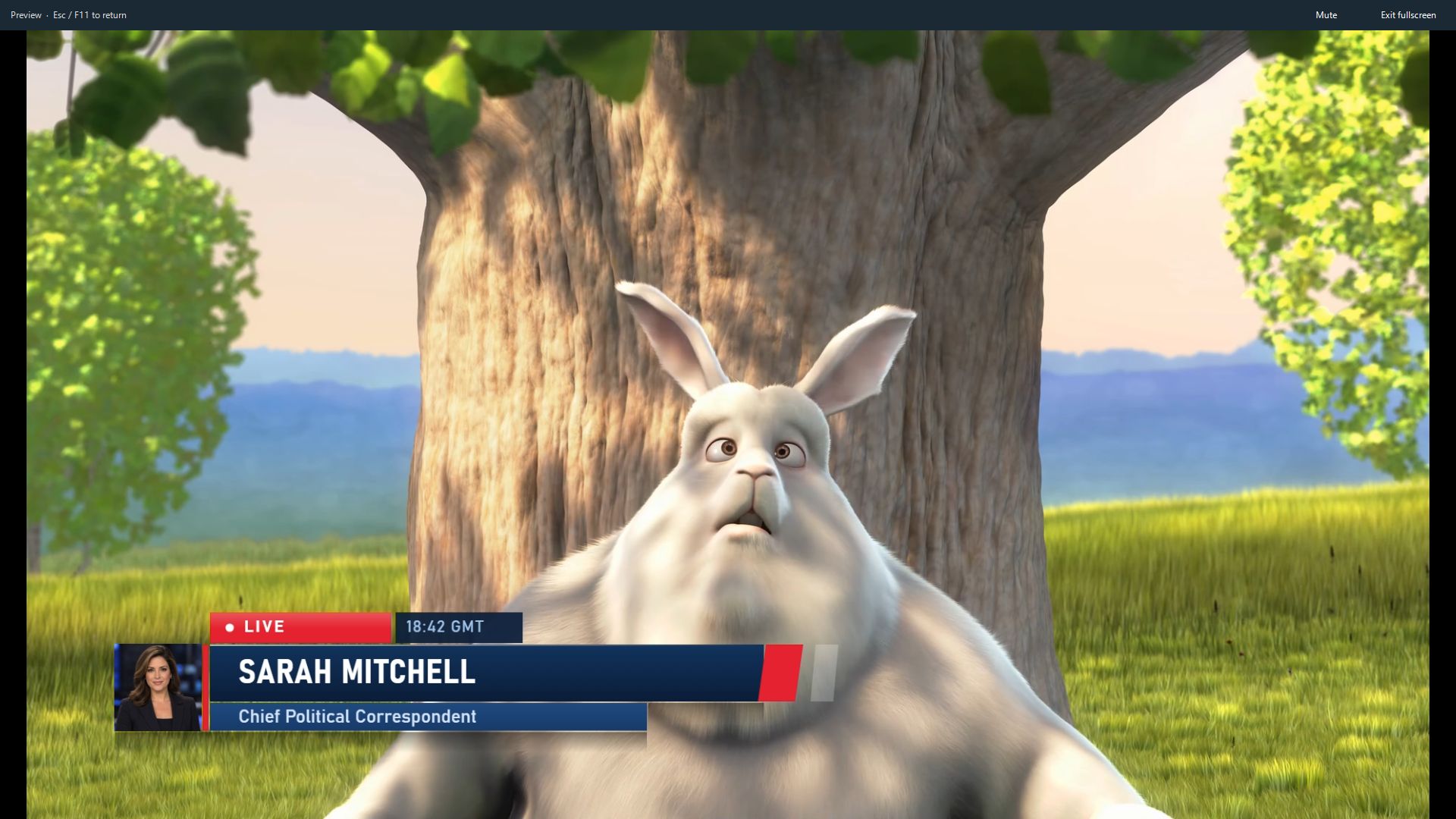 MLCG HTML REST fullscreen preview showing a real Demo Workspace template over video, with local Mute and Exit fullscreen controls